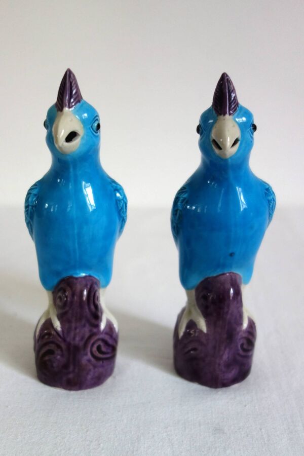 Paire de perroquets en porcelaine chinoise émaillée, années 60