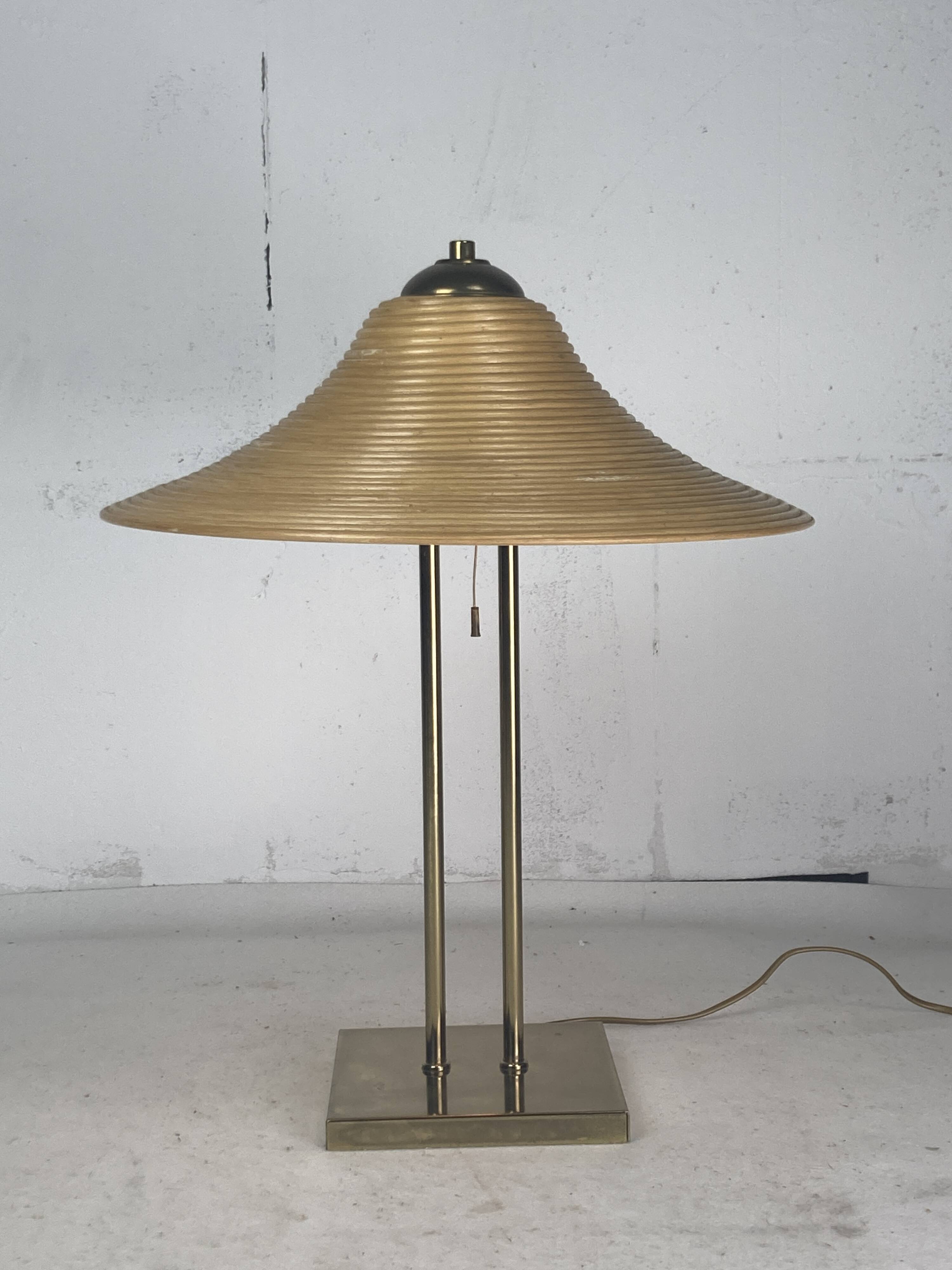 Brass and pencil reed rattan table lamp, Italy 1970s
