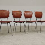 Set of 4 French chairs in camel brown imitation leather and chrome 1960