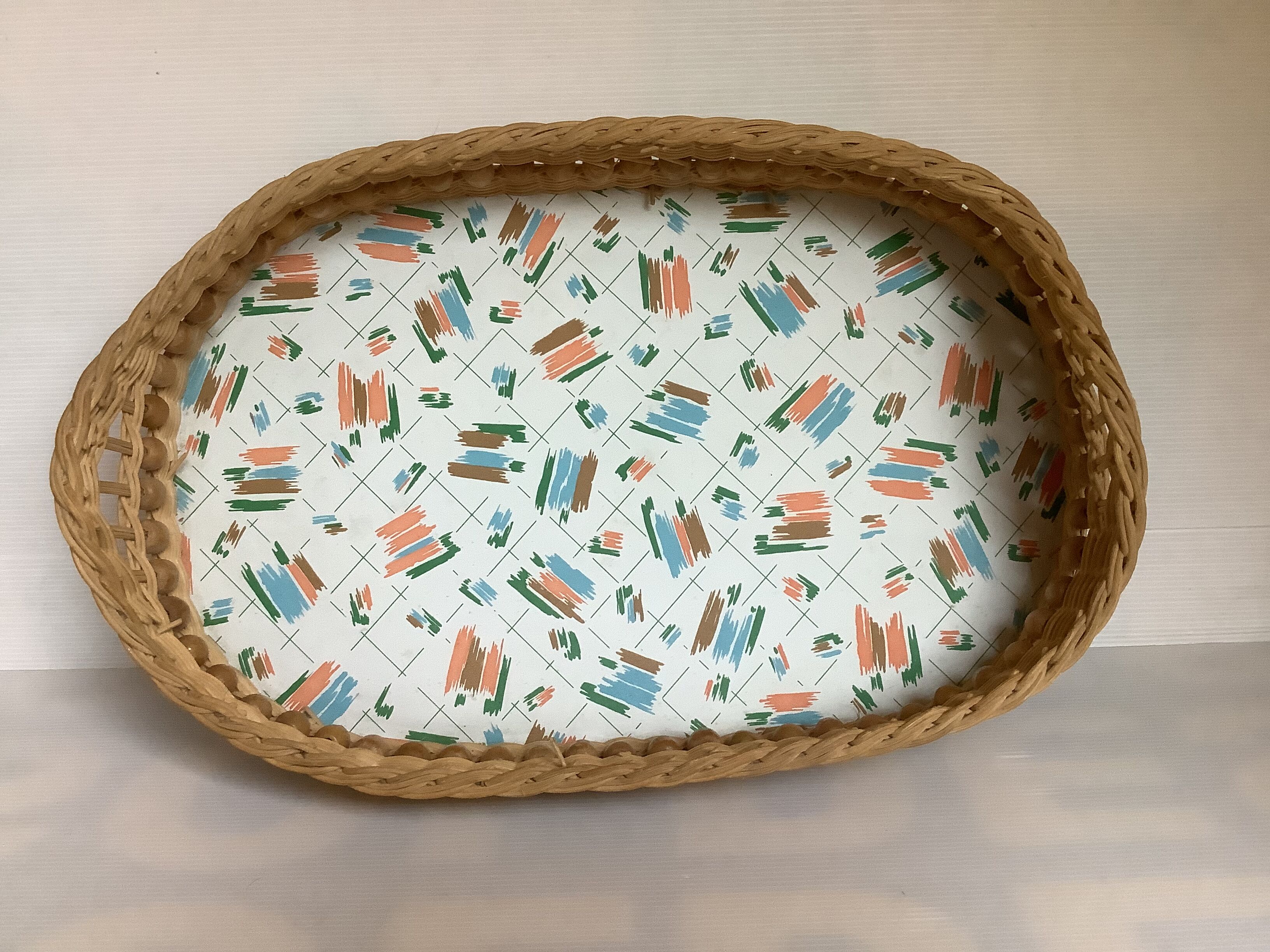 Old basket tray wicker rattan wooden beads