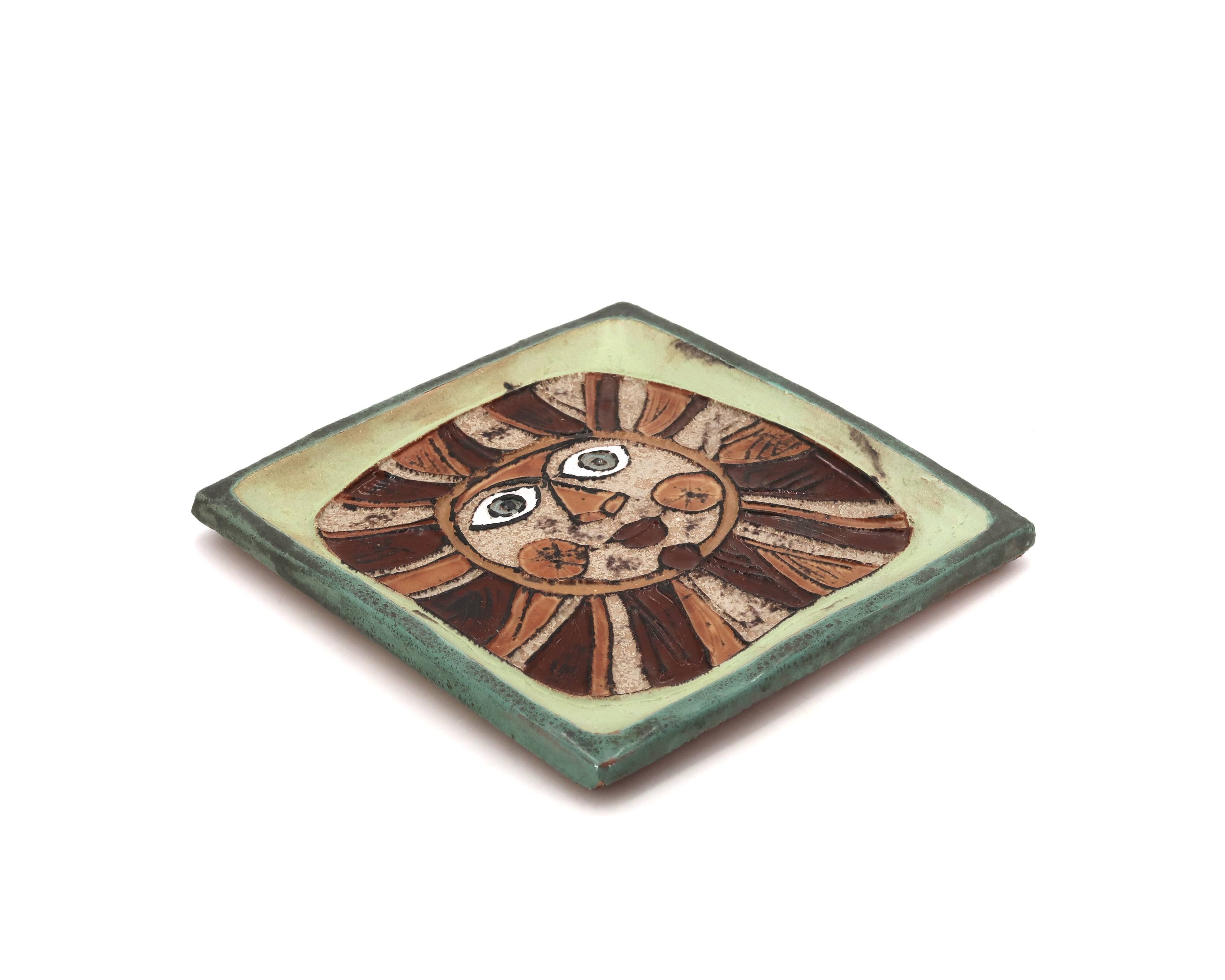 Square ceramic catchall by Roland Zobel, sun design, 1970s.