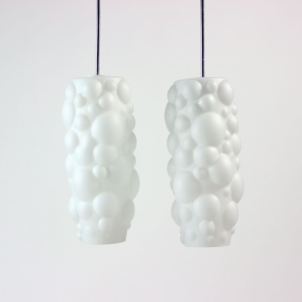 Bubble pendants in white opaline glass, Czechoslovakia 1960s, set of 2