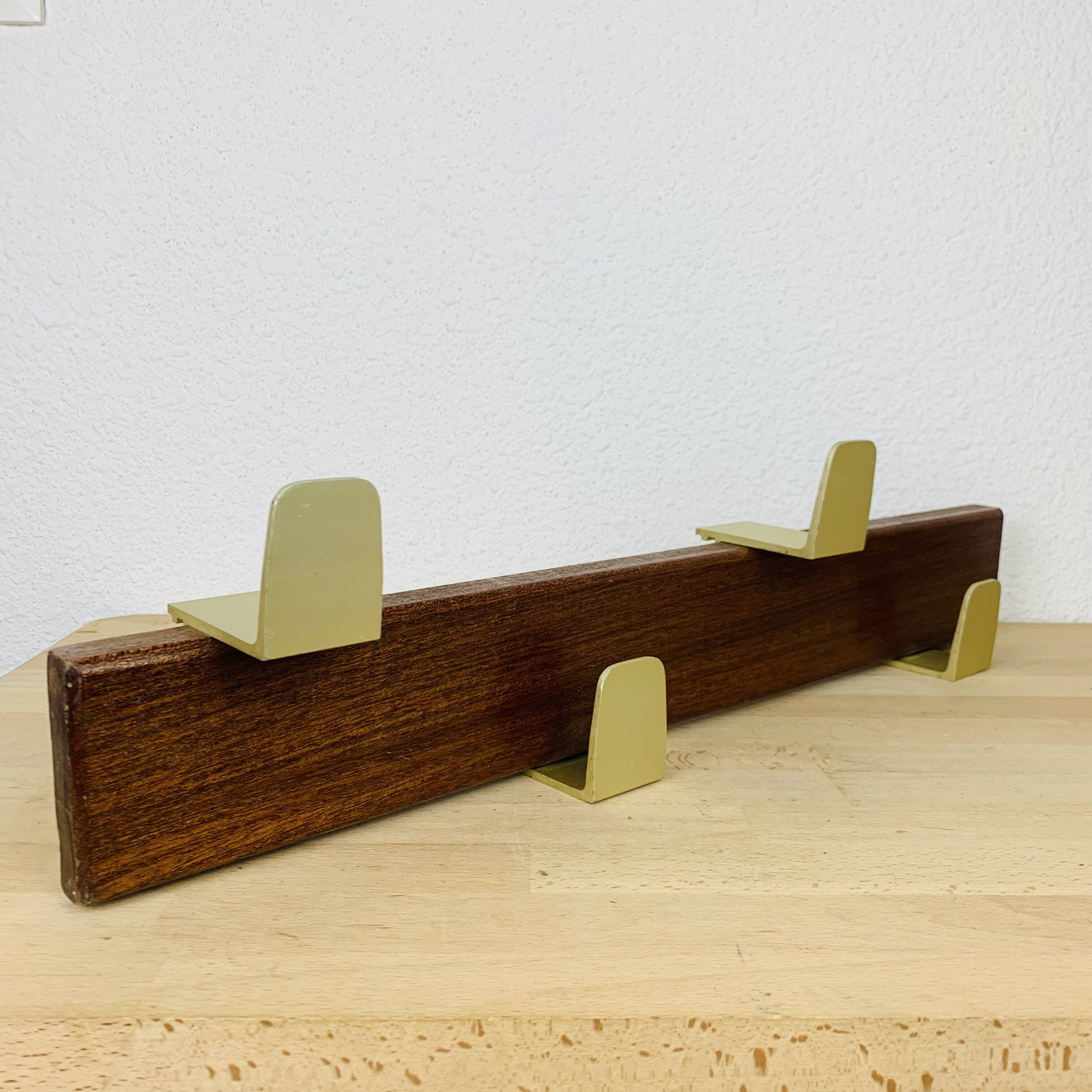 Scandinavian teak wall coat rack with 4 gold hooks, 1960s
