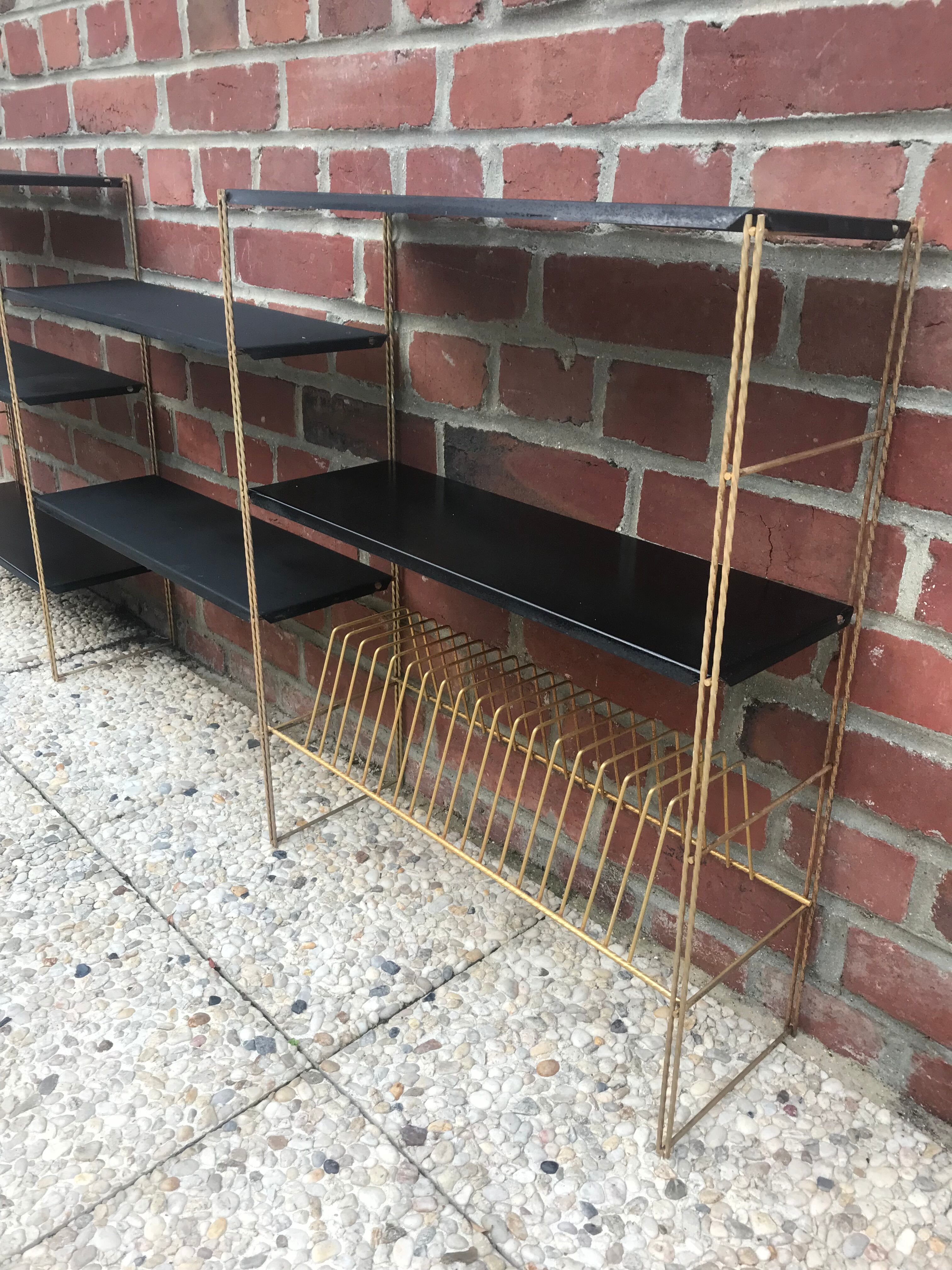 Black and gold metal string shelf with vinyl holder - vintage 1960