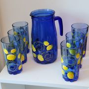 Service to orangeade citronnade in vintage blue glass carafe + 6 glasses
