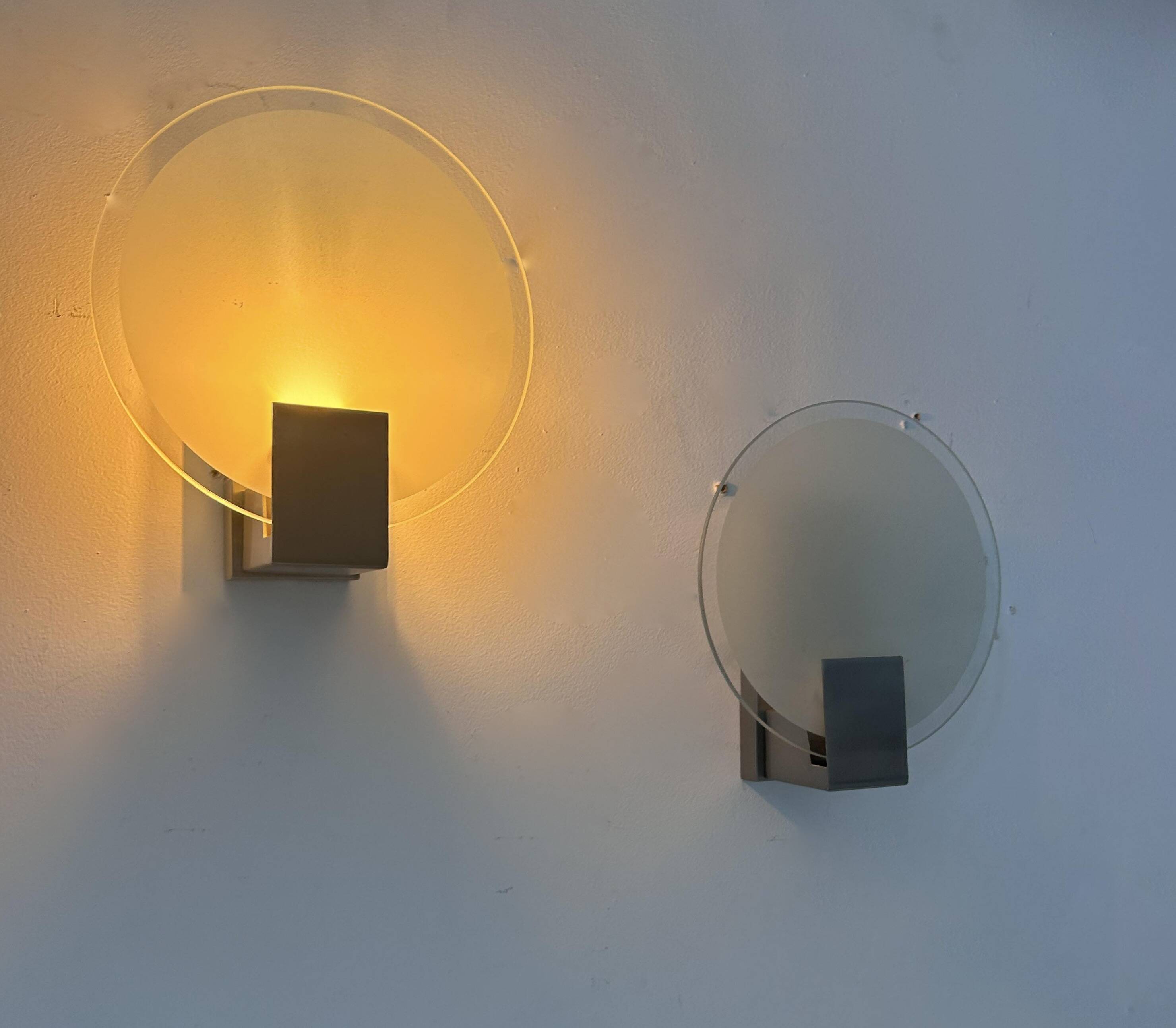Pair of vintage round wall lights, chrome and sandblasted glass, France 1980s