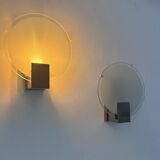 Pair of vintage round wall lights, chrome and sandblasted glass, France 1980s