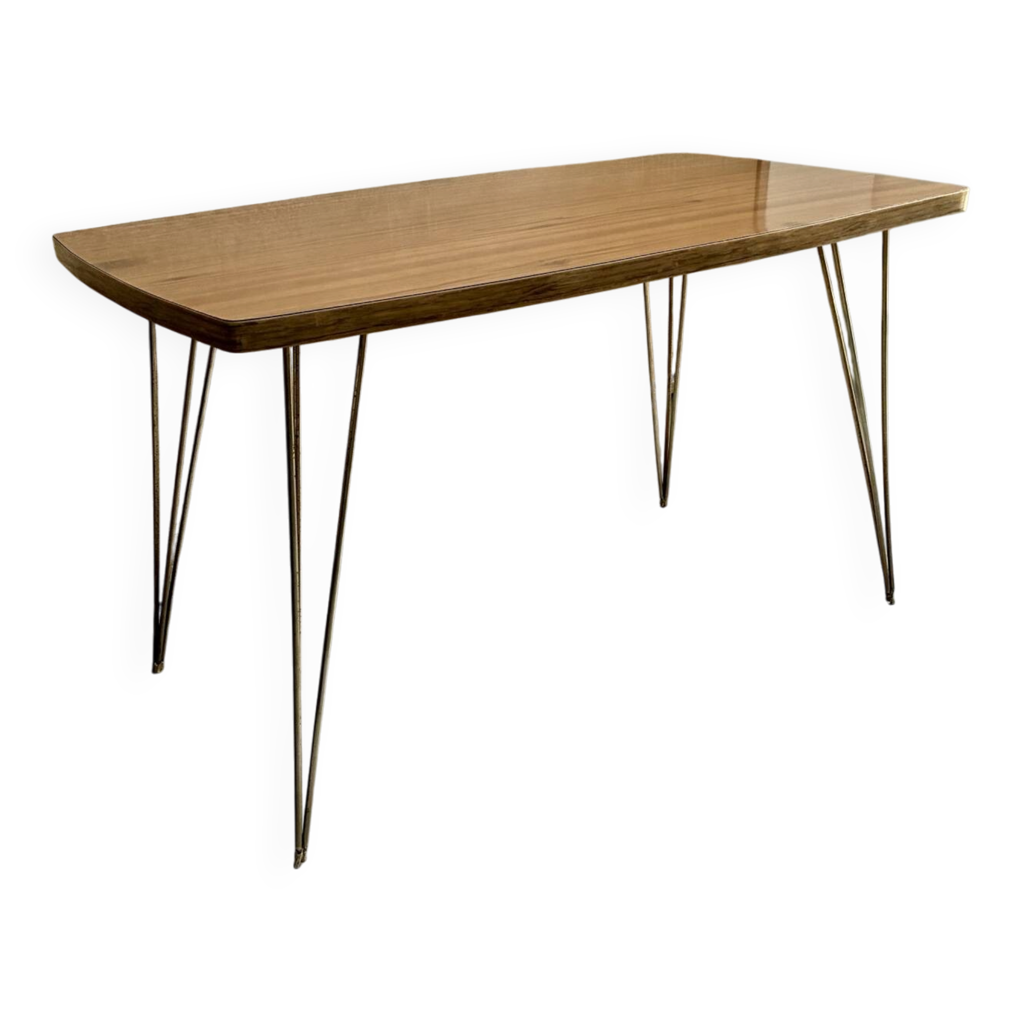 Table basse vintage 1960 Formica teck et pieds laiton