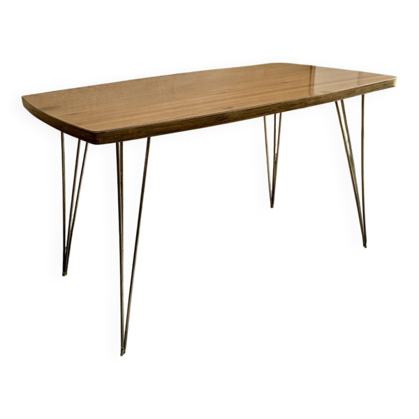 Table basse vintage 1960 Formica teck et pieds laiton