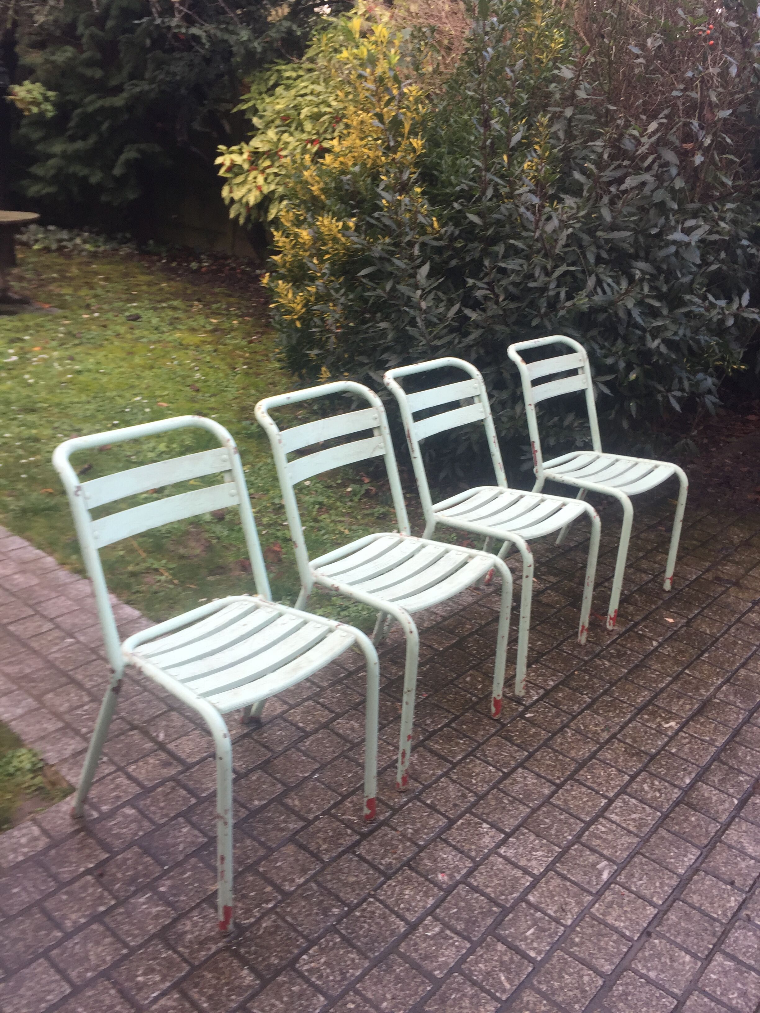 4 chaises vintage tolix bois et métal vert d'eau 1950