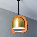 Lustre à hauteur réglable en laiton et en chêne du milieu du siècle dernier 70s