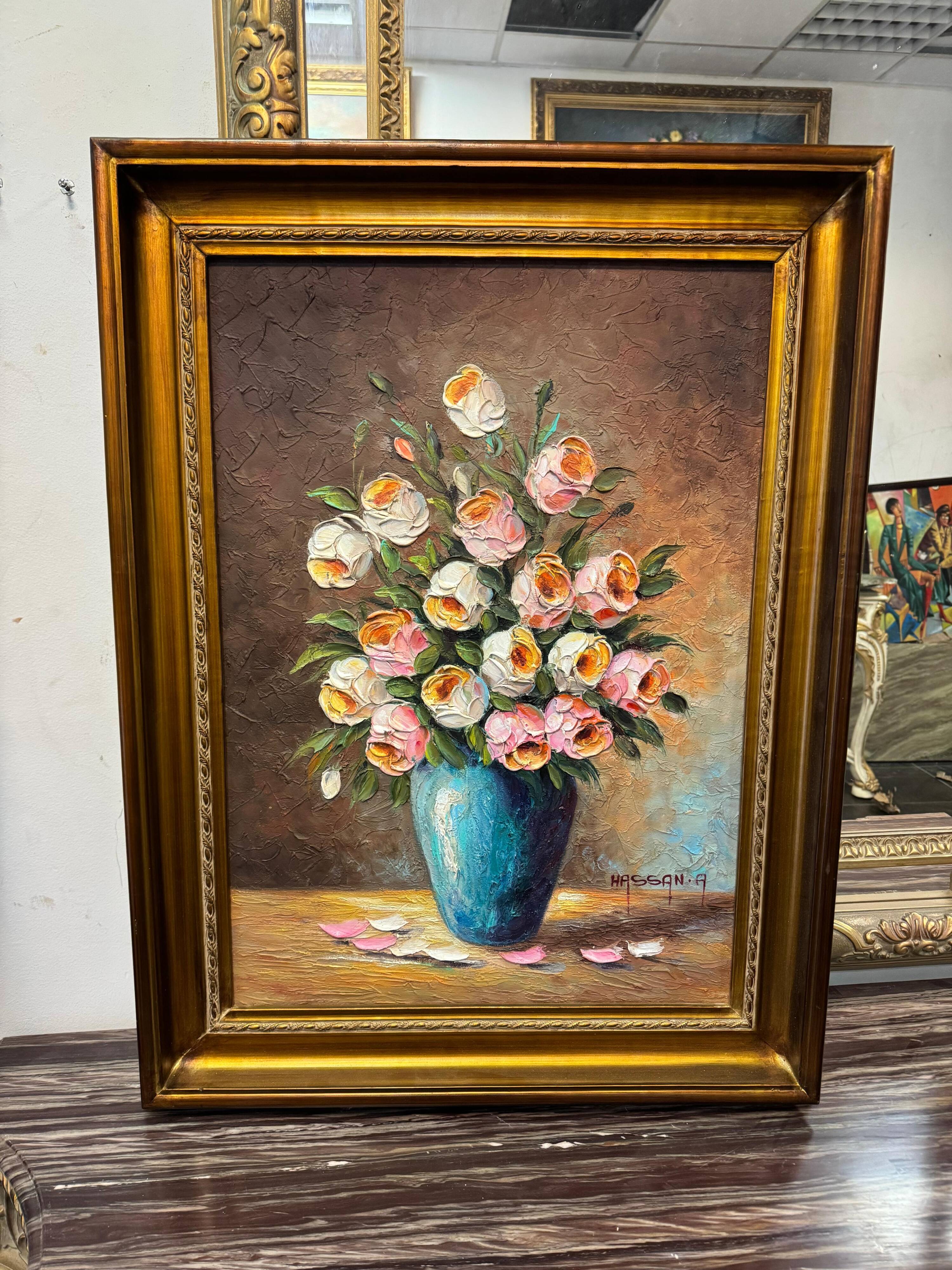 Pink and white flower pot painting