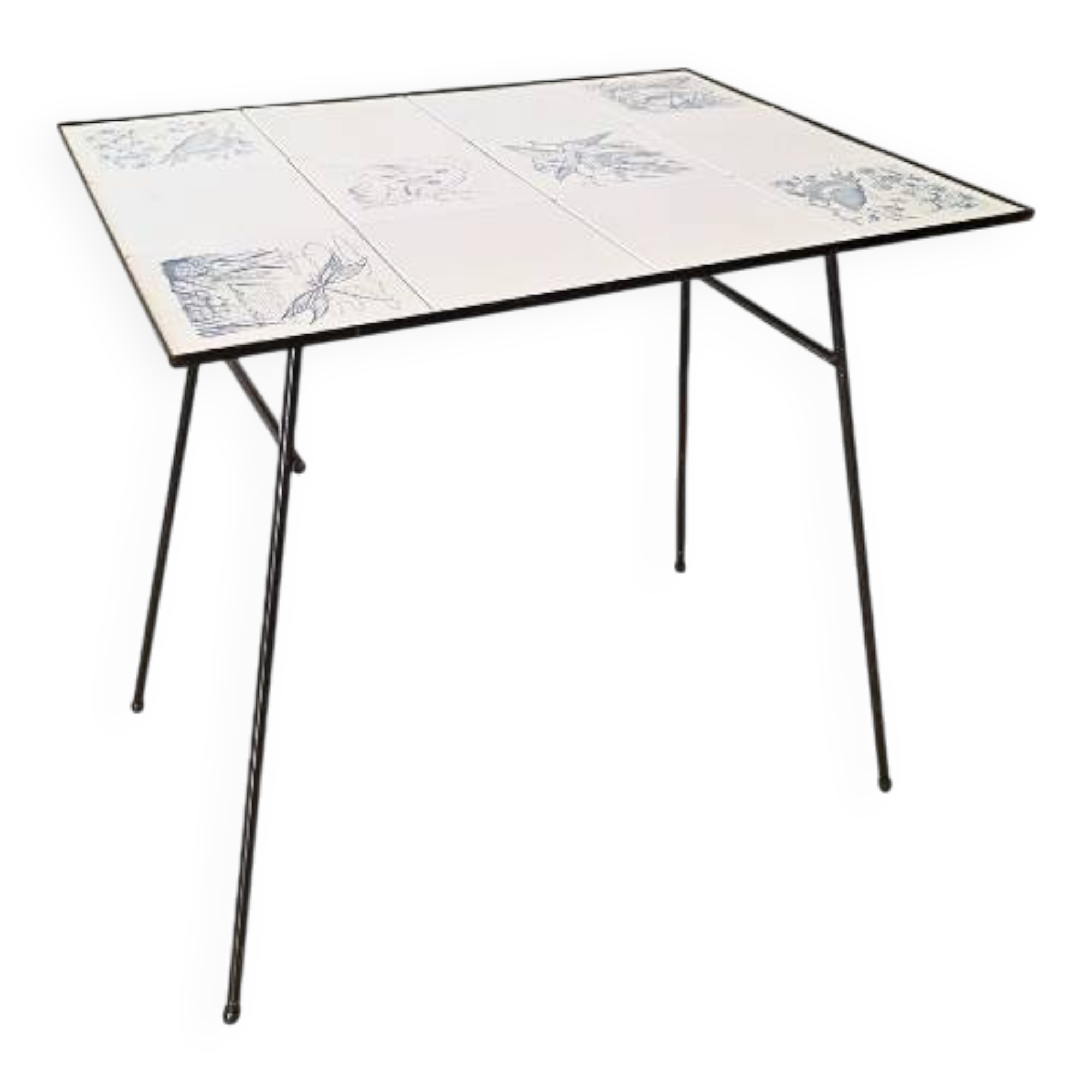 Table d'appoint vintage en fer forgé & céramique, oiseaux et papillons