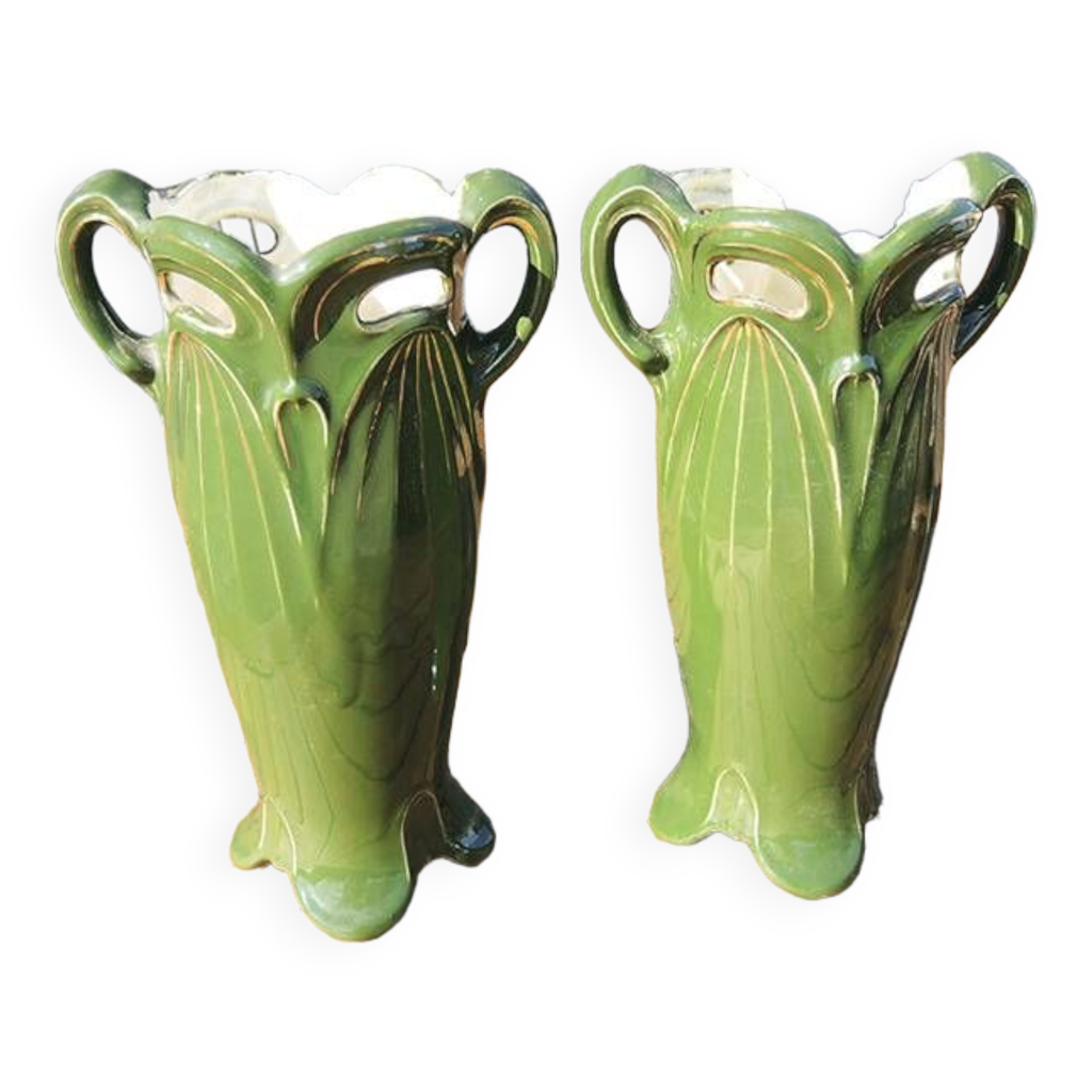 2 Anciens Vases en Faïence Verte de Style Art Nouveaux Selency