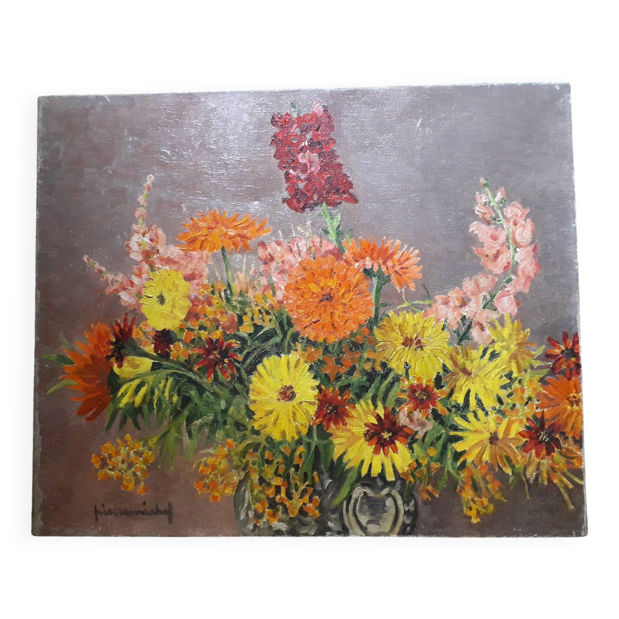 Ancient painting depicting a bouquet of flowers.