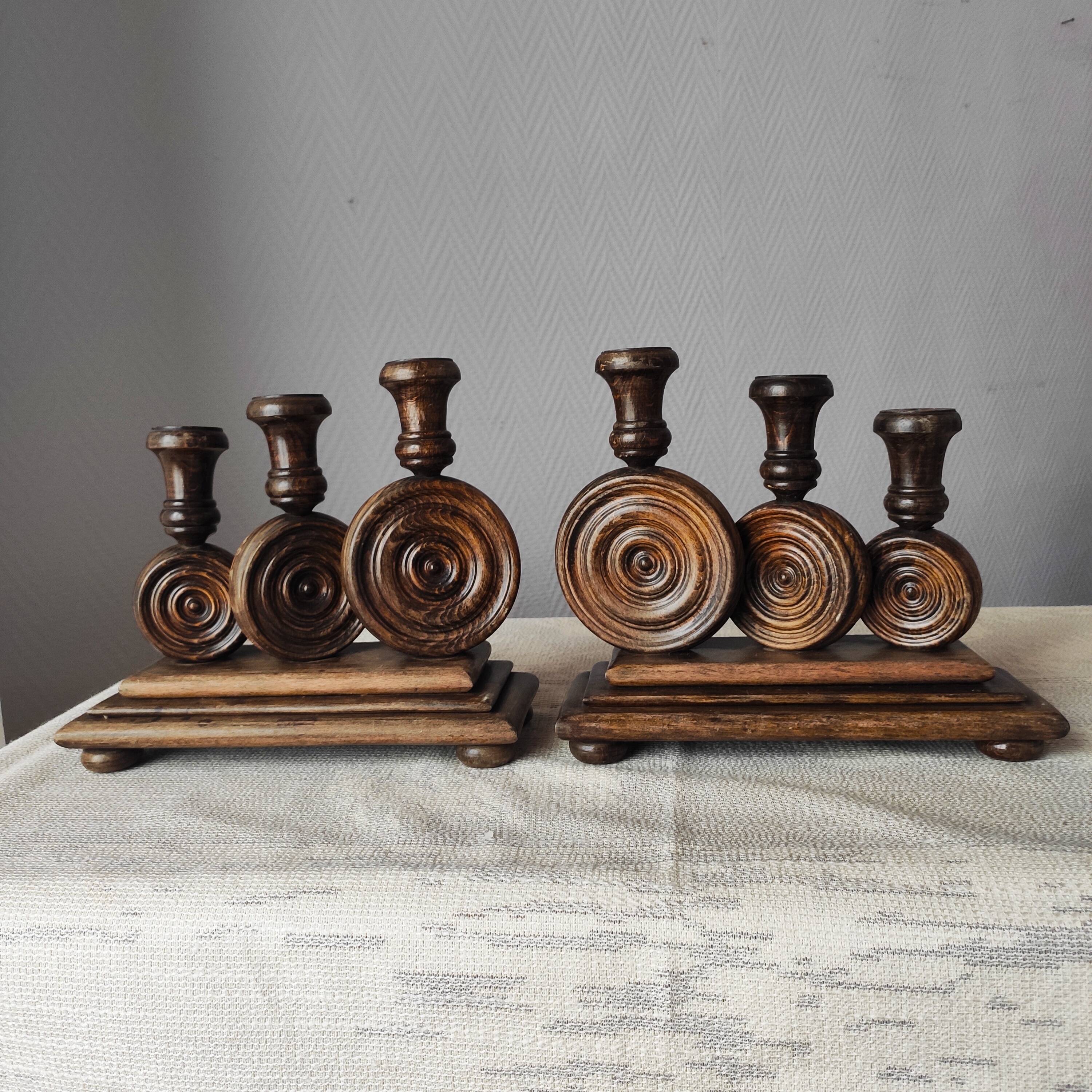 Brutalist turned wood candlestick holders – vintage 50s-60s