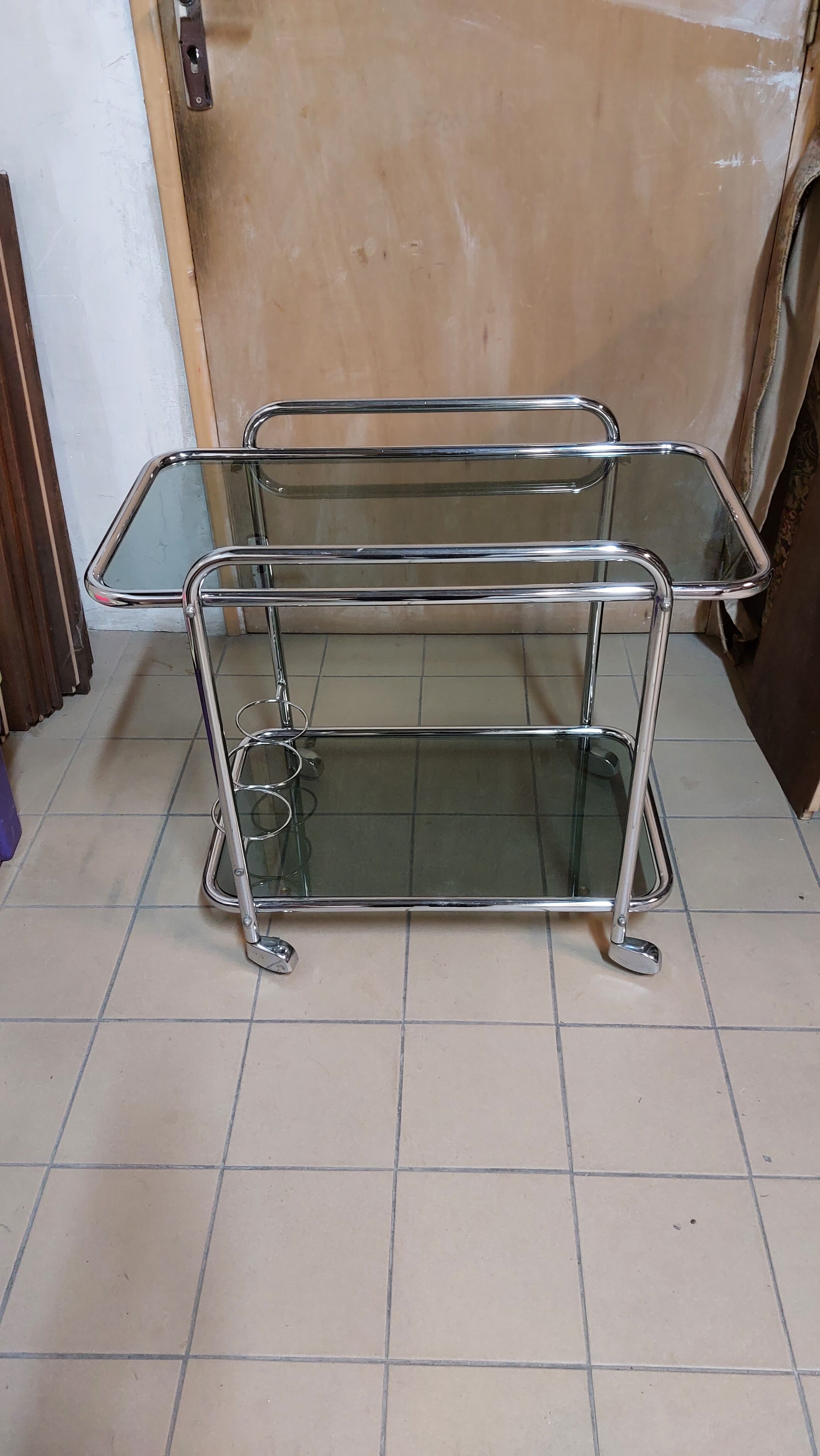 Dessert bar with chromed metal and smoked glass wheels, 70s