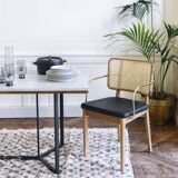 Light wood caning chair leather armrests