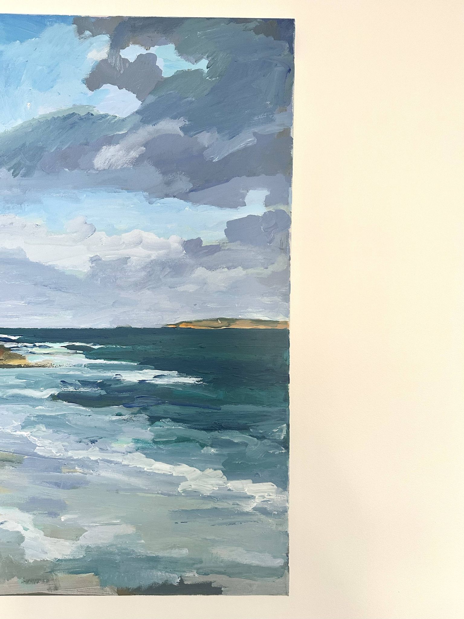 Huile sur toile côte rocheuse sous un ciel d’orage