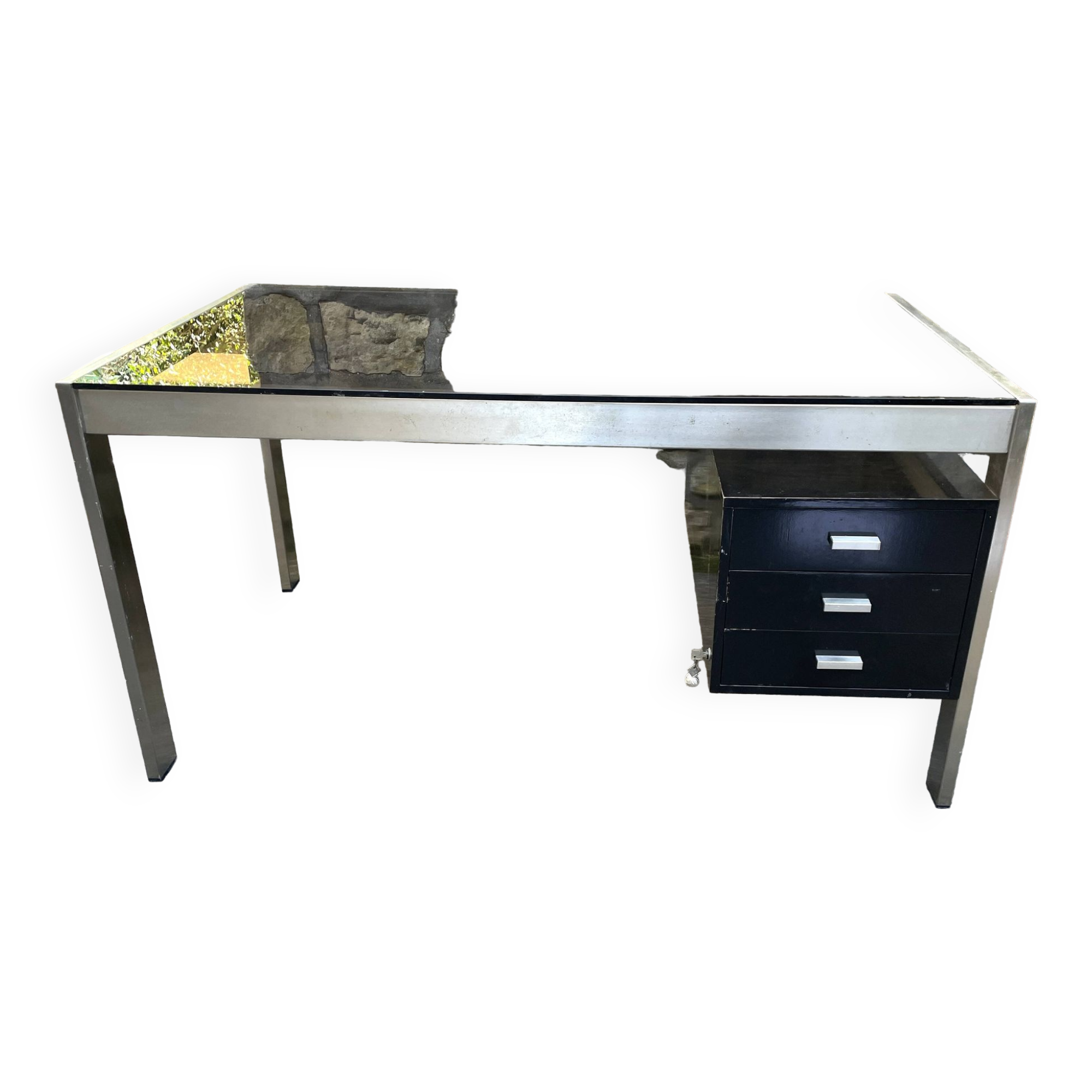 Vintage desk in smoked glass and brushed steel. 1970. Suspended box