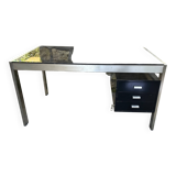 Vintage desk in smoked glass and brushed steel. 1970. Suspended box
