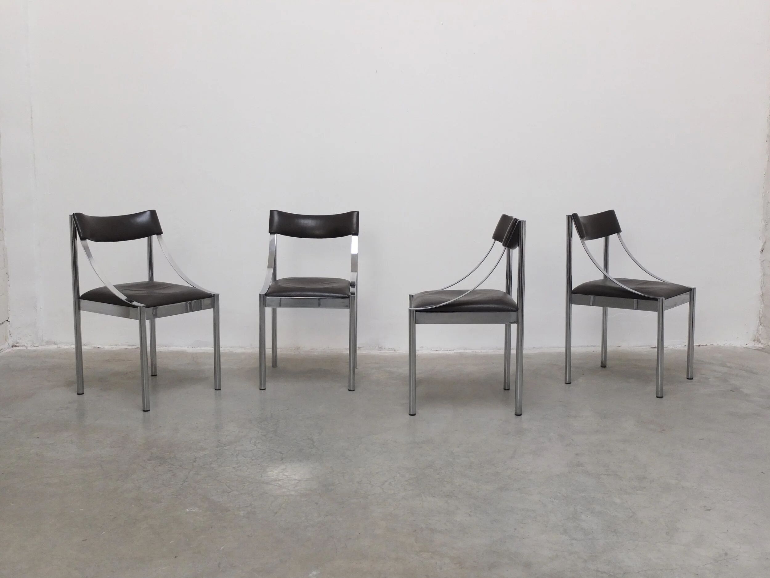 Set of 4 Italian chrome & leather dining chairs, 1970s