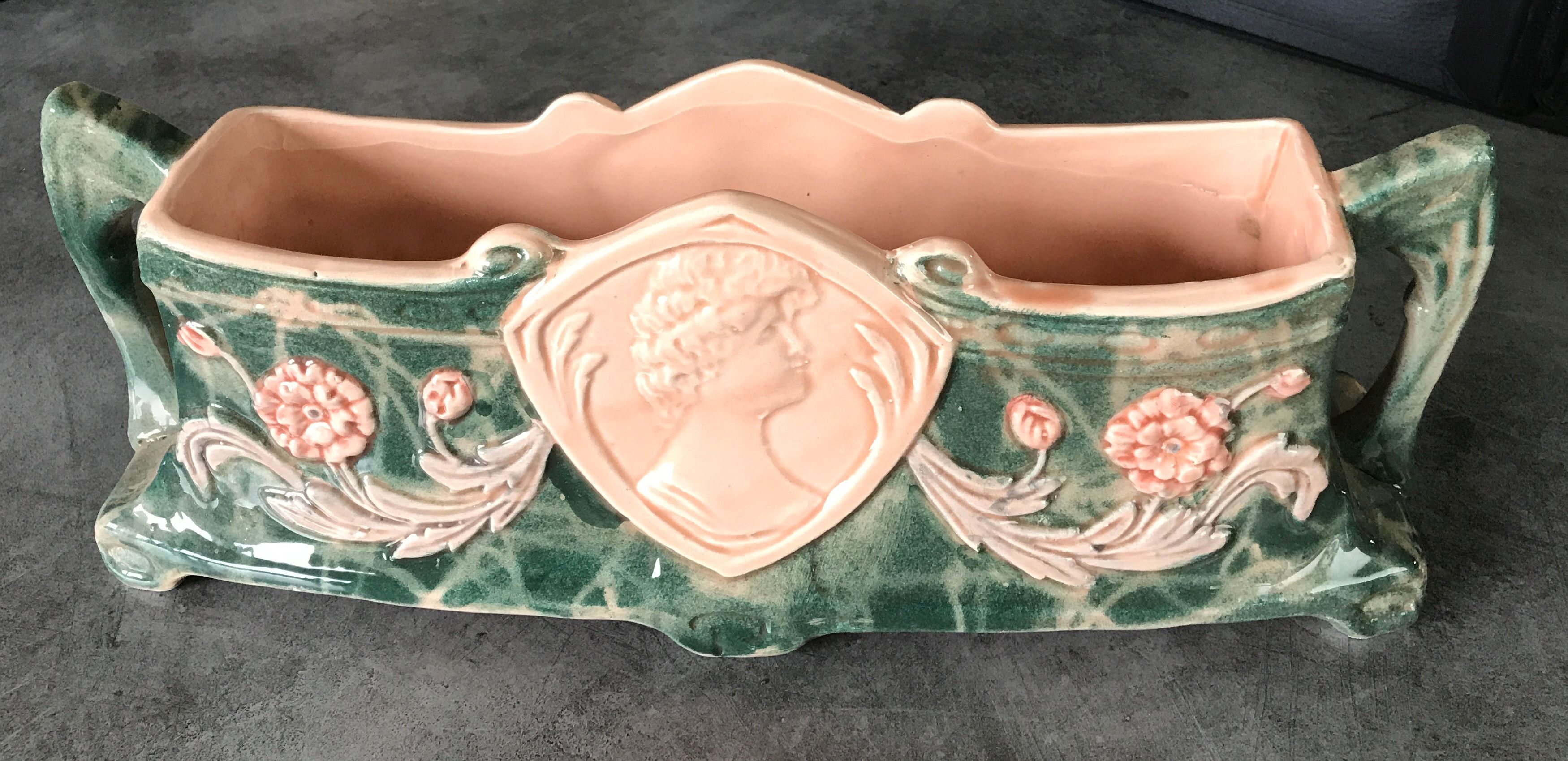 Jardinière with ceramic handles enameled vintage polychrome paint 39.5 cm