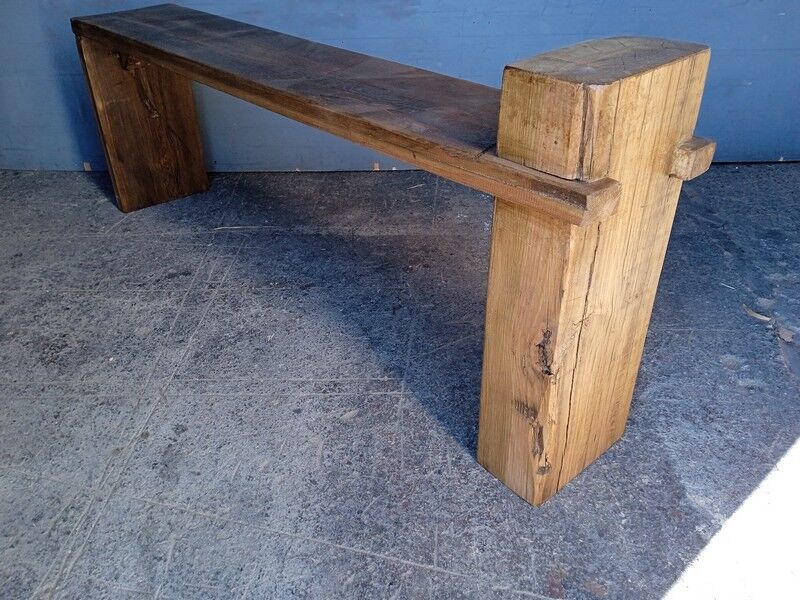 Solid patinated wood design bench 140cm