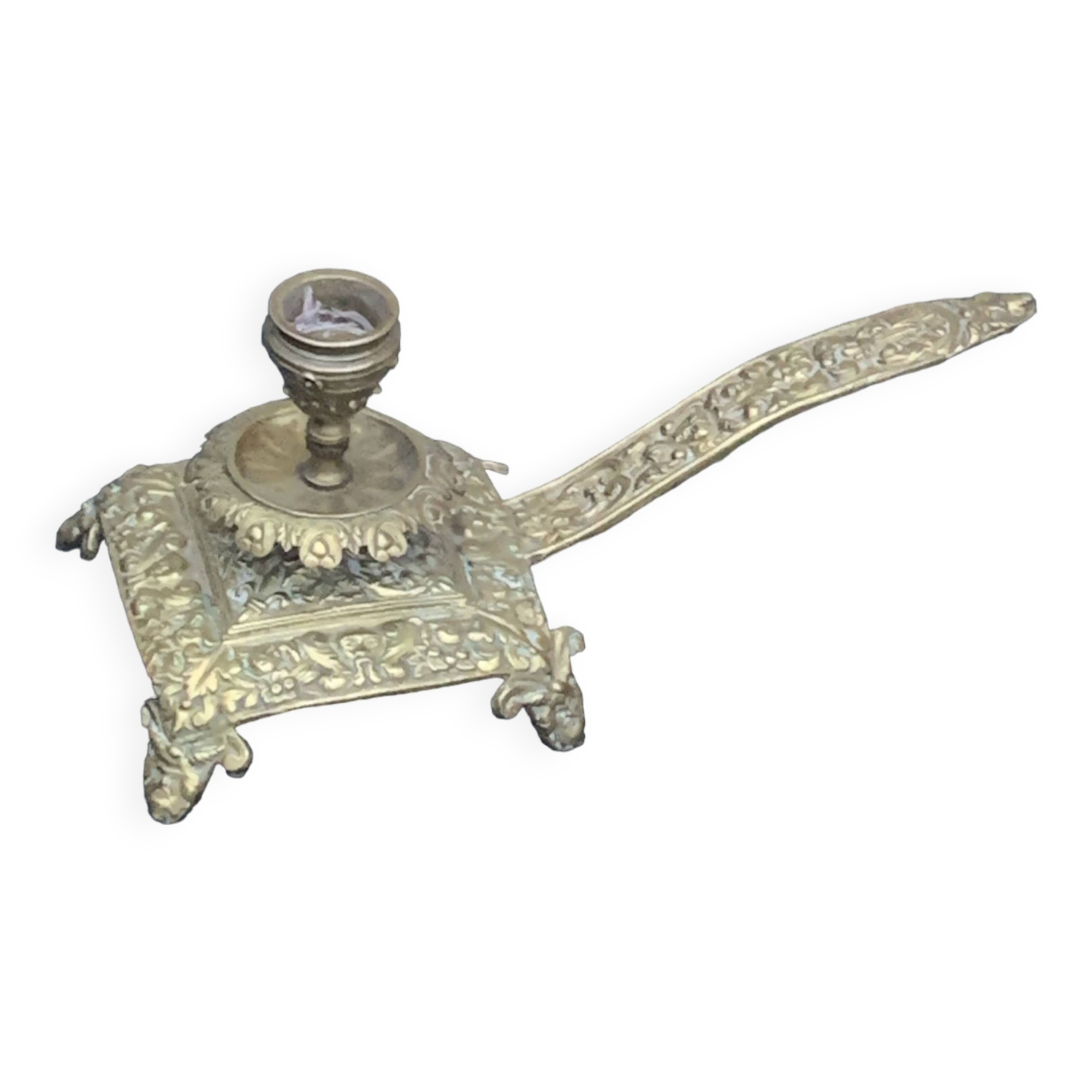 candle holder with handles, in vintage chiseled golden brass