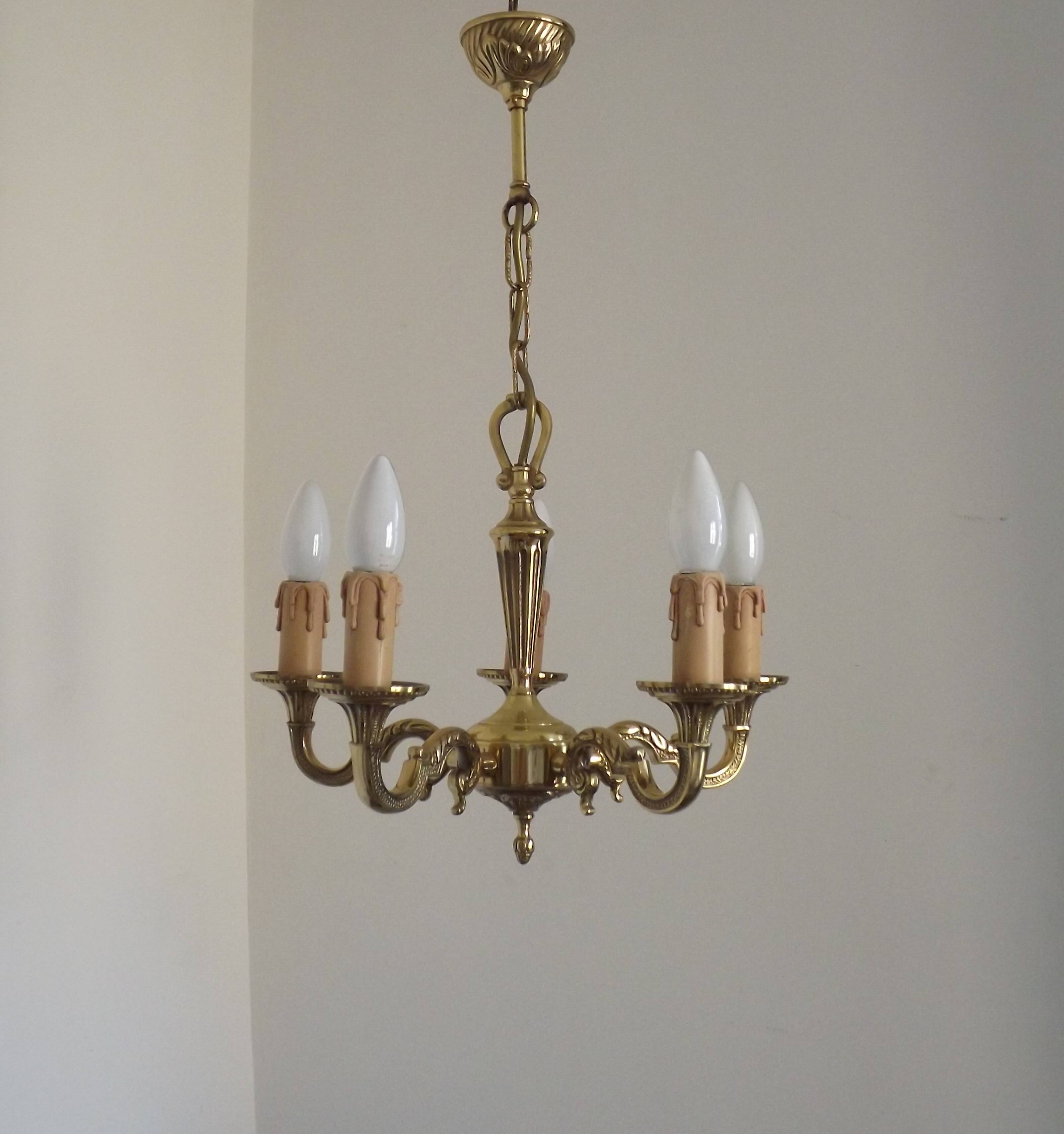 French Vintage 5 Light Quality Brass Chandelier with Scroll Acanthus Arms 5452