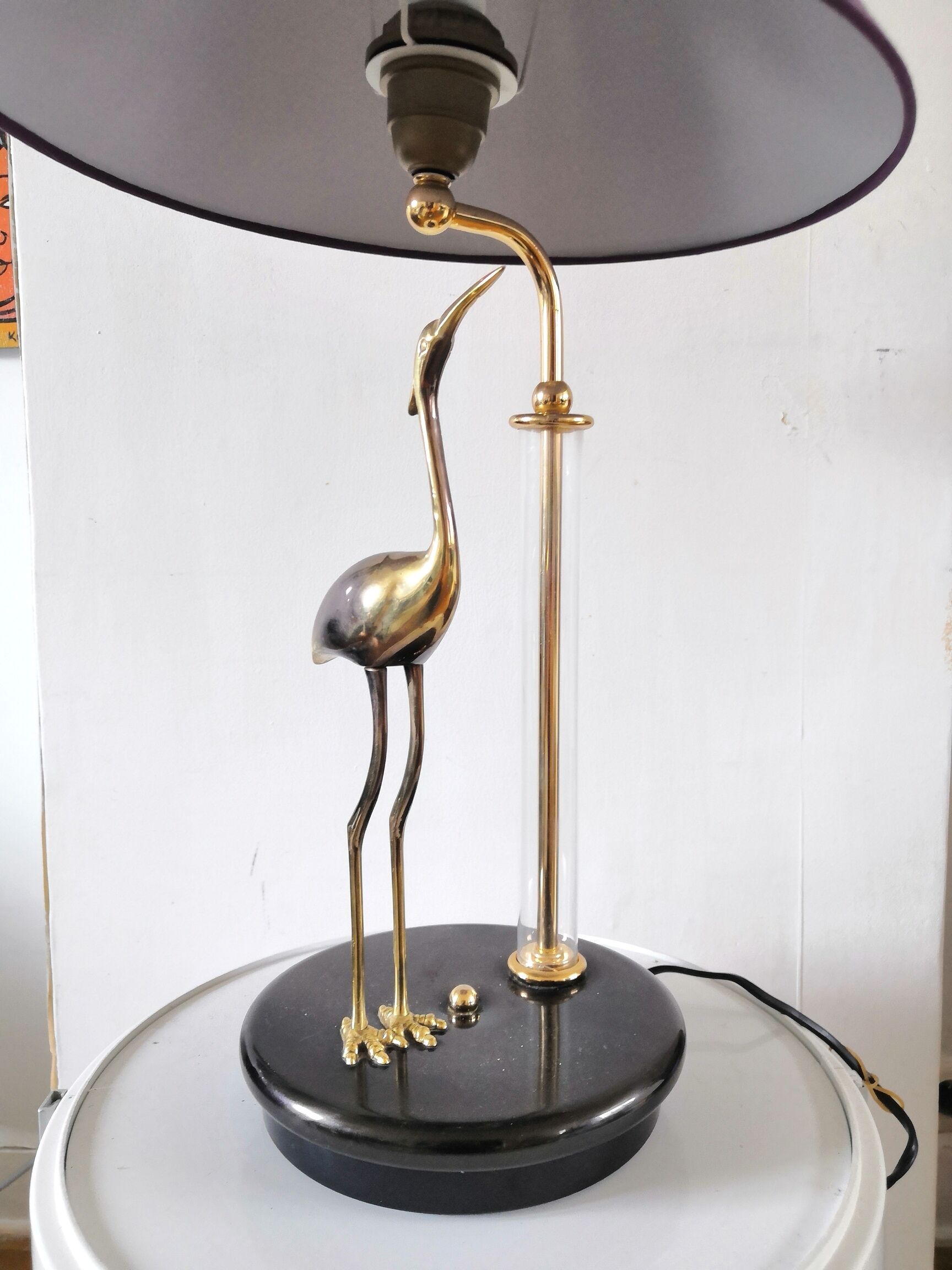 Lampe héron en laiton et tube verre design années 70