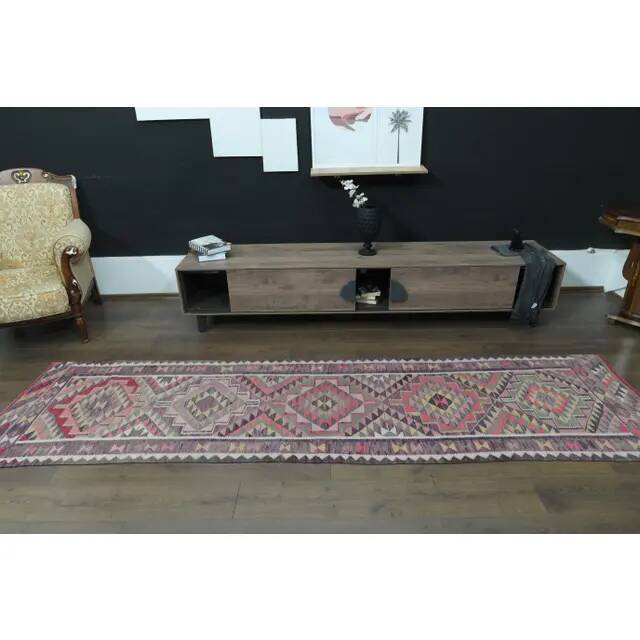 1970s Vintage Turkish Oushak Handmade Wool Cotton Pink Runner Rug 87x333