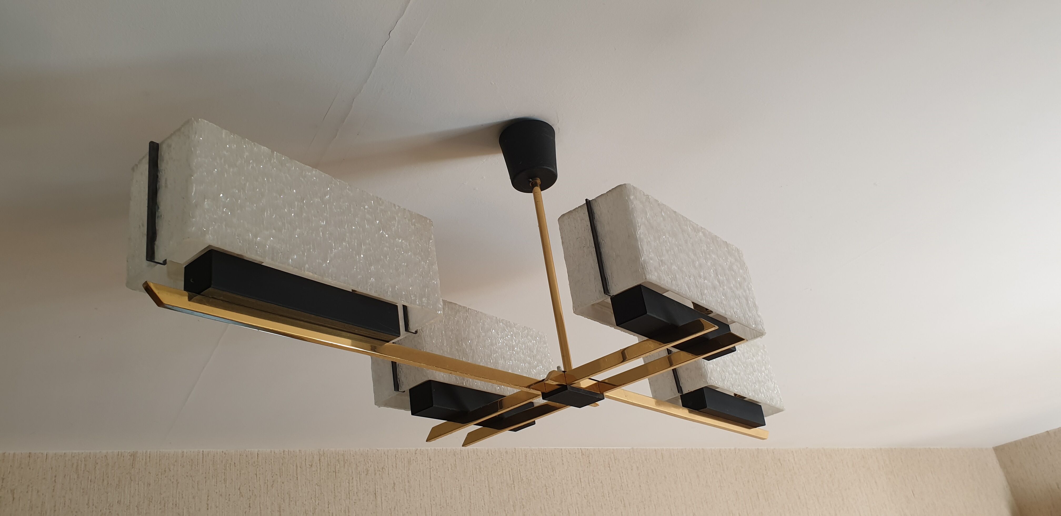 Arlus chandelier 4x2 brass lights prespex 1950/1960 vintage