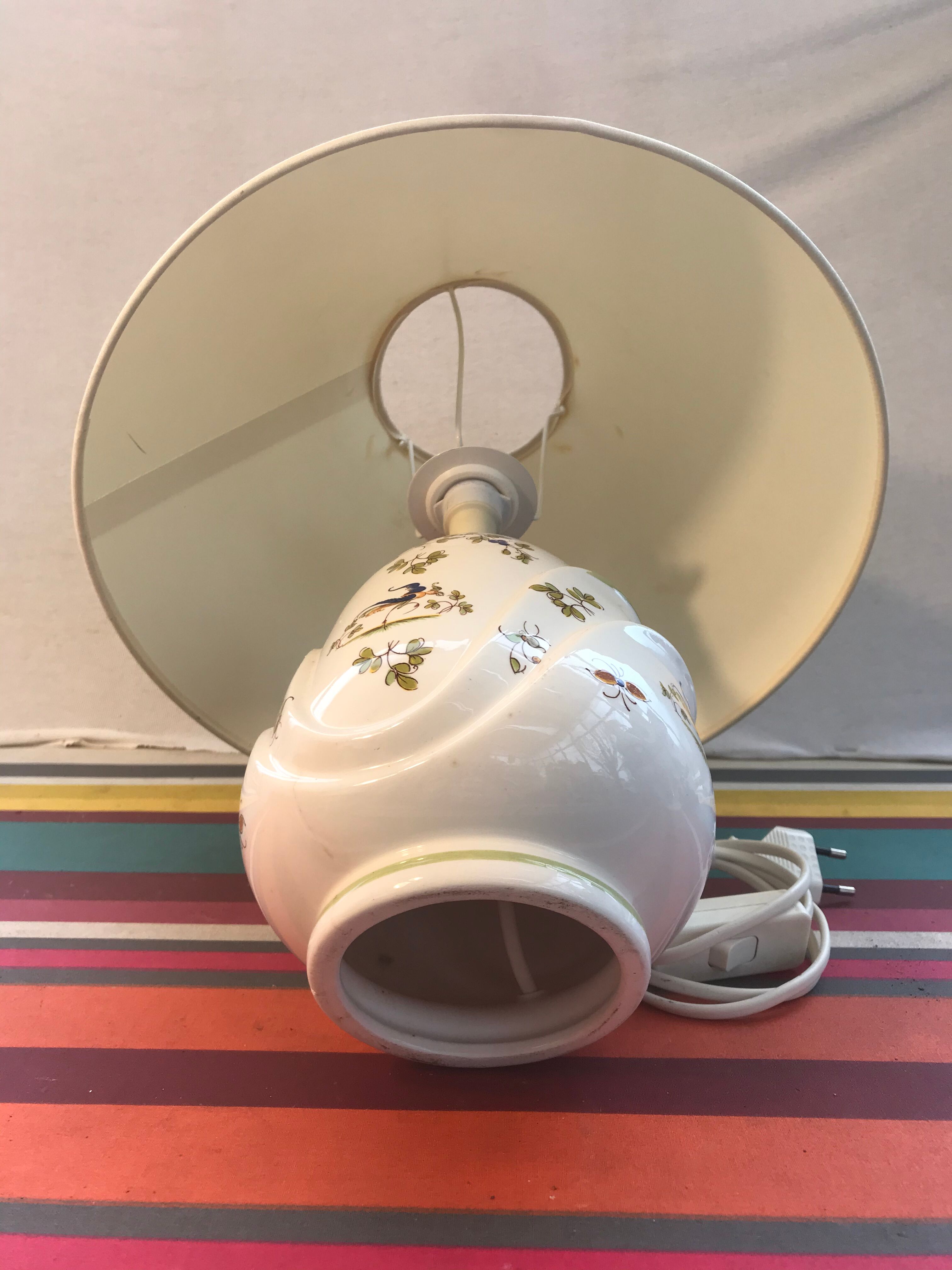 Old Moustiers ceramic lamp with white lamp shade
