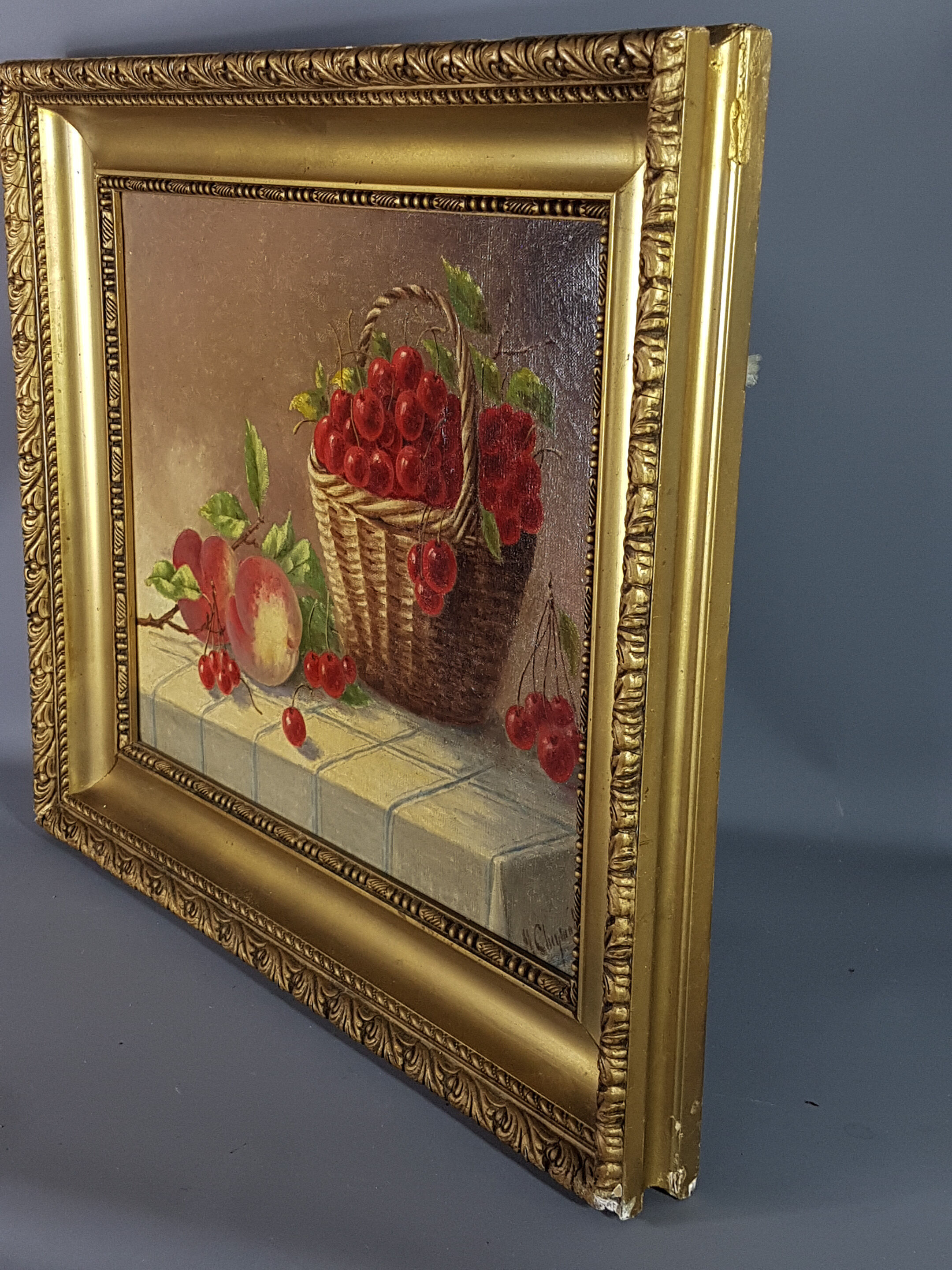 Ancient still life with cherries - peaches Oil on canvas 59x50 cm