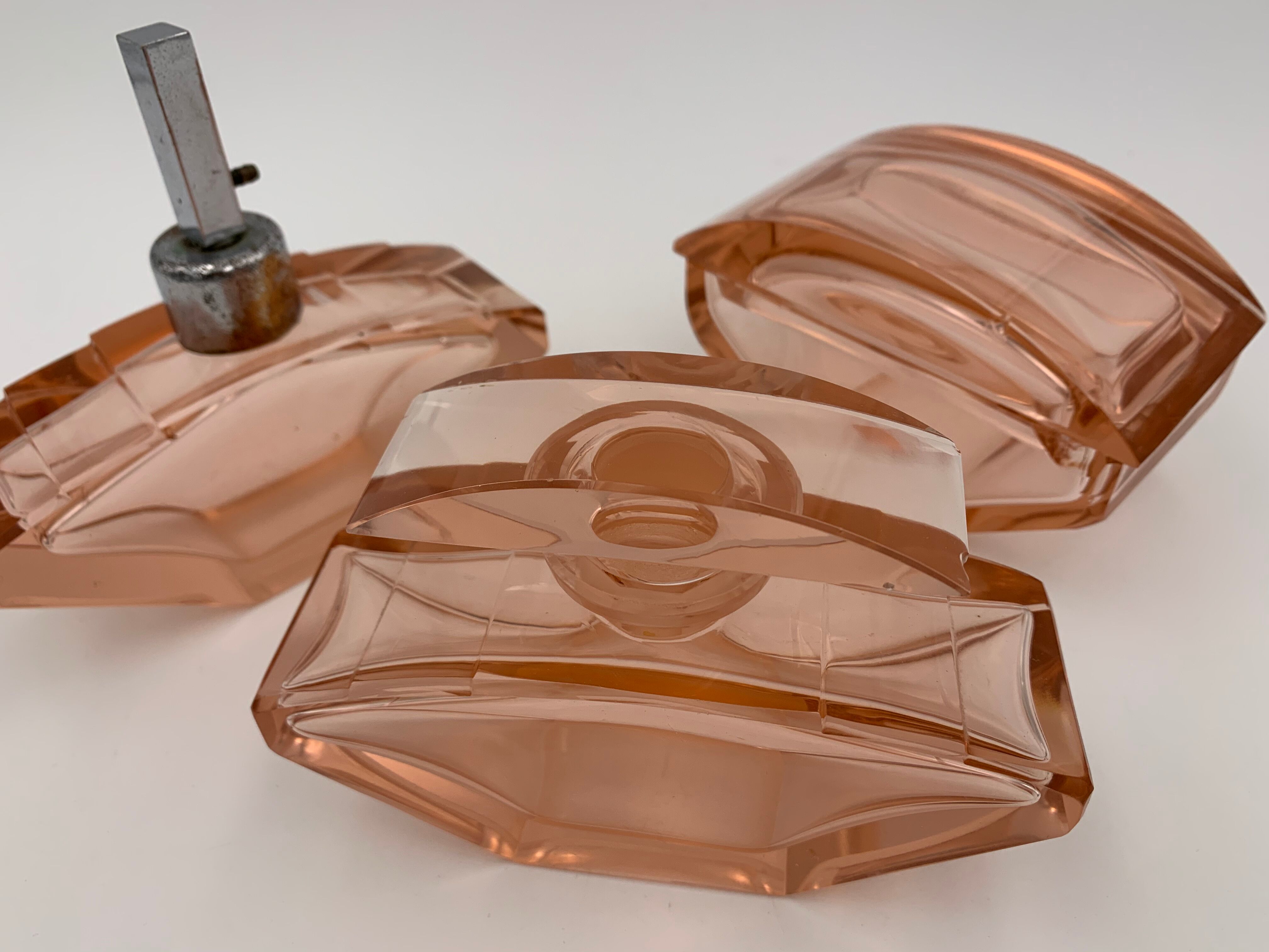 Art deco toilet top pink glass 3 pieces 1930s