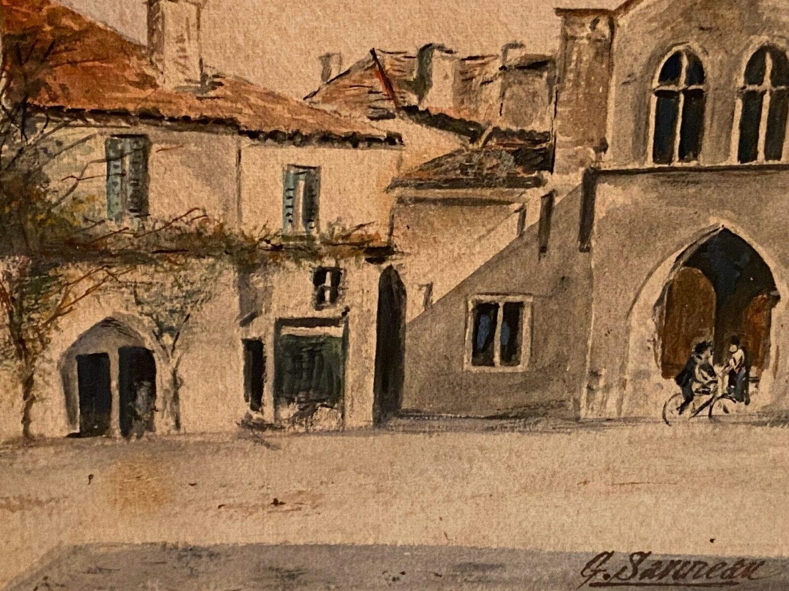 Watercolor signed Sarineau representing a view of a village