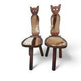 Chaises tripodes brutalistes en cuir de vache pour chat / étiquetées fabriquées en Espagne, dossier pliable, années 1960