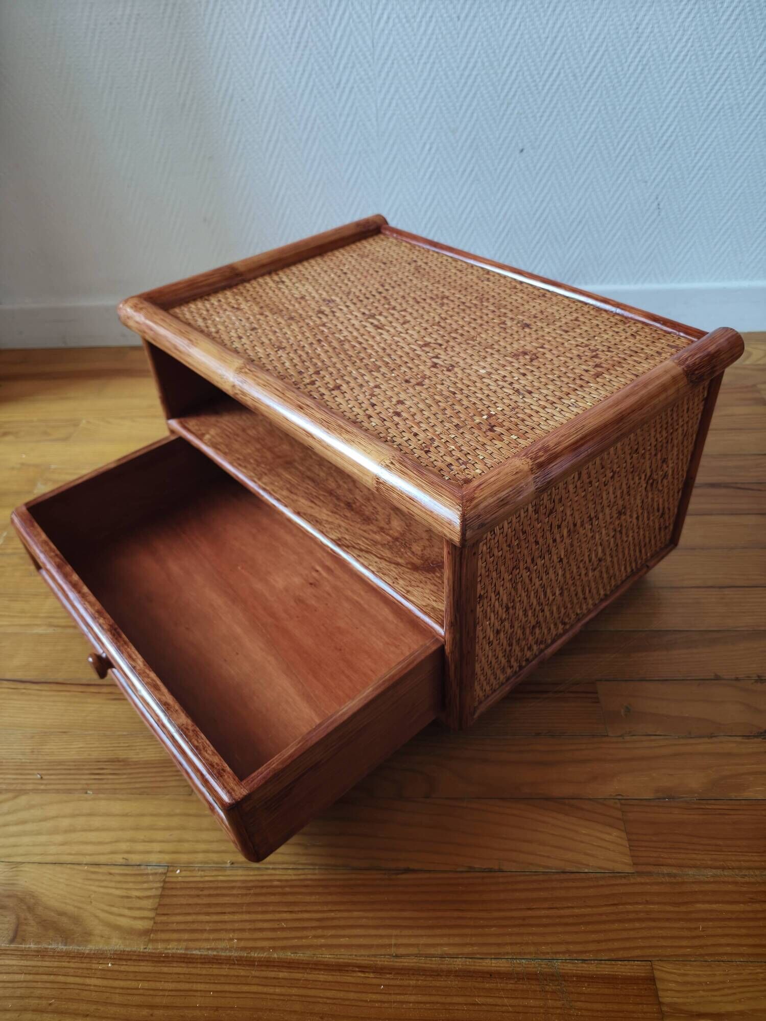 Rattan bedside table from the 1970s-80s.