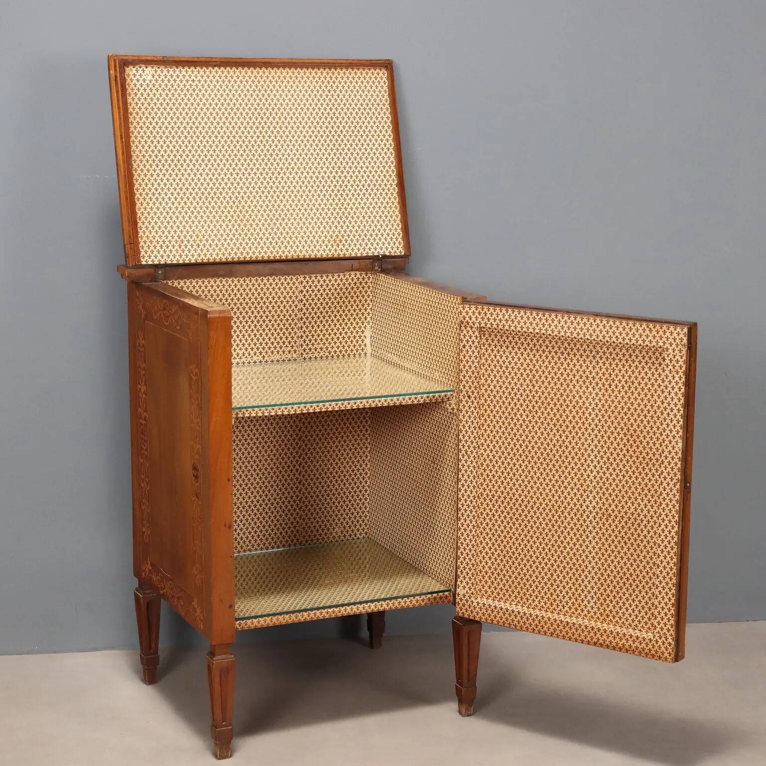 Antique walnut bedside table with maple inlays, converted into a bar cabinet, 19th century.