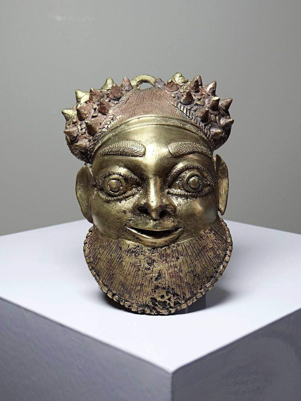 Small gilded bronze Oba mask from Bamoun, Cameroon, vintage Africa