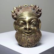Small gilded bronze Oba mask from Bamoun, Cameroon, vintage Africa