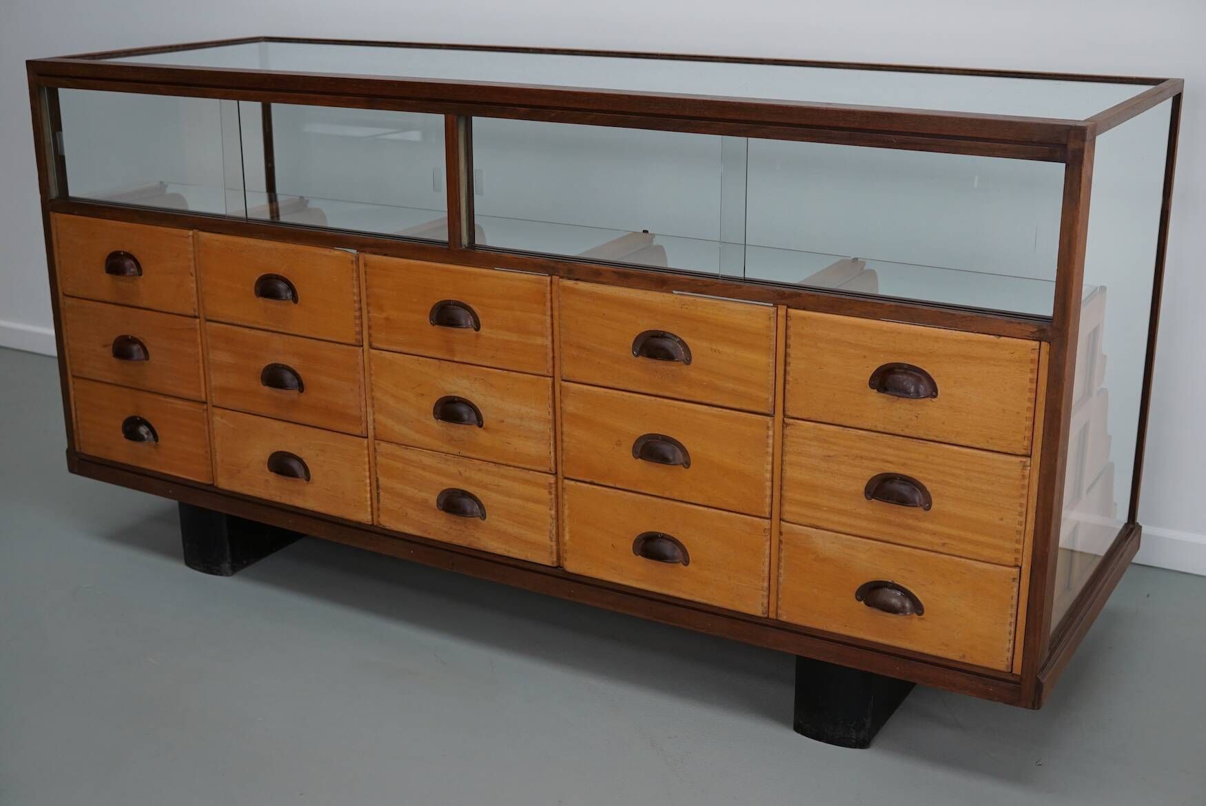 Antique British maple & hardwood haberdashery cabinet or shop counter, 1930s