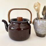 Scandinavian teapot, enameled iron and wood