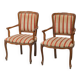 Paire de fauteuils de style parisien en bois avec des accoudoirs en tissu rayé, vintage.