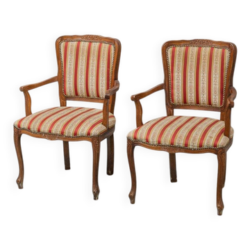 Pair of Parisian-style armchairs in wood with striped fabric armrests, vintage