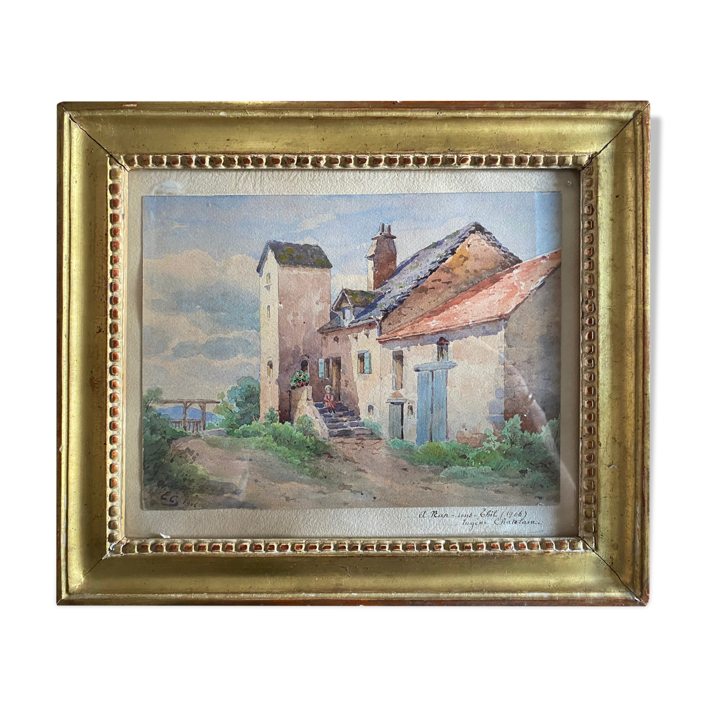 Watercolor painting "Nan-sous-Thil" Burgundy Eugène Cahtelain 1906 + frame