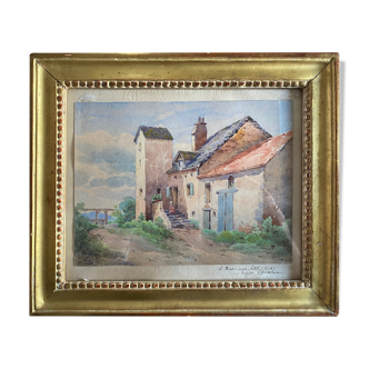 Watercolor painting "Nan-sous-Thil" Burgundy Eugène Cahtelain 1906 + frame