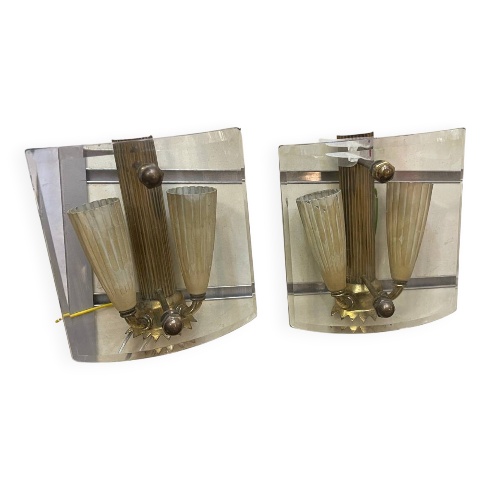 Brass Glass Sconces in a Fontana Arte  style