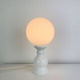 Turned wood lamp with opaline glass globe, 1970s